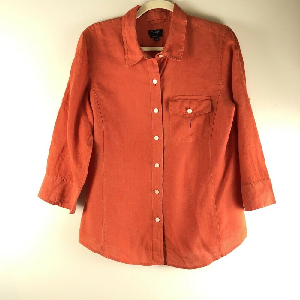 Talbots Pure Irish Linen Orange Button Front Top